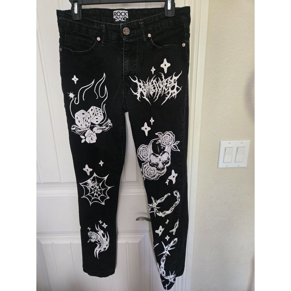 Rock Salt Men’s Size 30 Black Graphic Jeans Skull Dice Barbed Wire Gothic Y2K